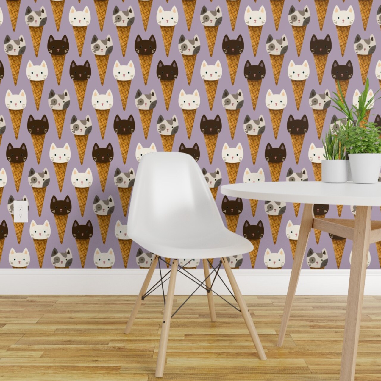 Peel &#x26; Stick Wallpaper 2FT Wide Whimsical Cats Ice Cream Cute Kittens Cone Kids Purple Sweet Food Animals Custom Removable Wallpaper by Spoonflower